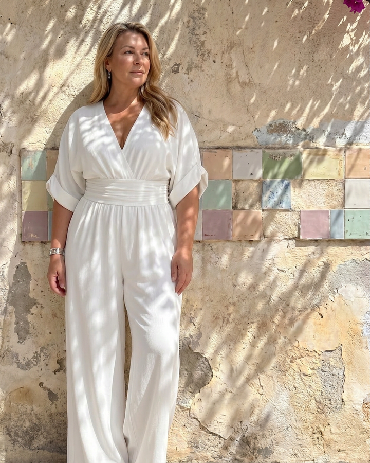 Ottilie | Gedrapeerde V-hals Wijde Pijpen Ontspannen Jumpsuit