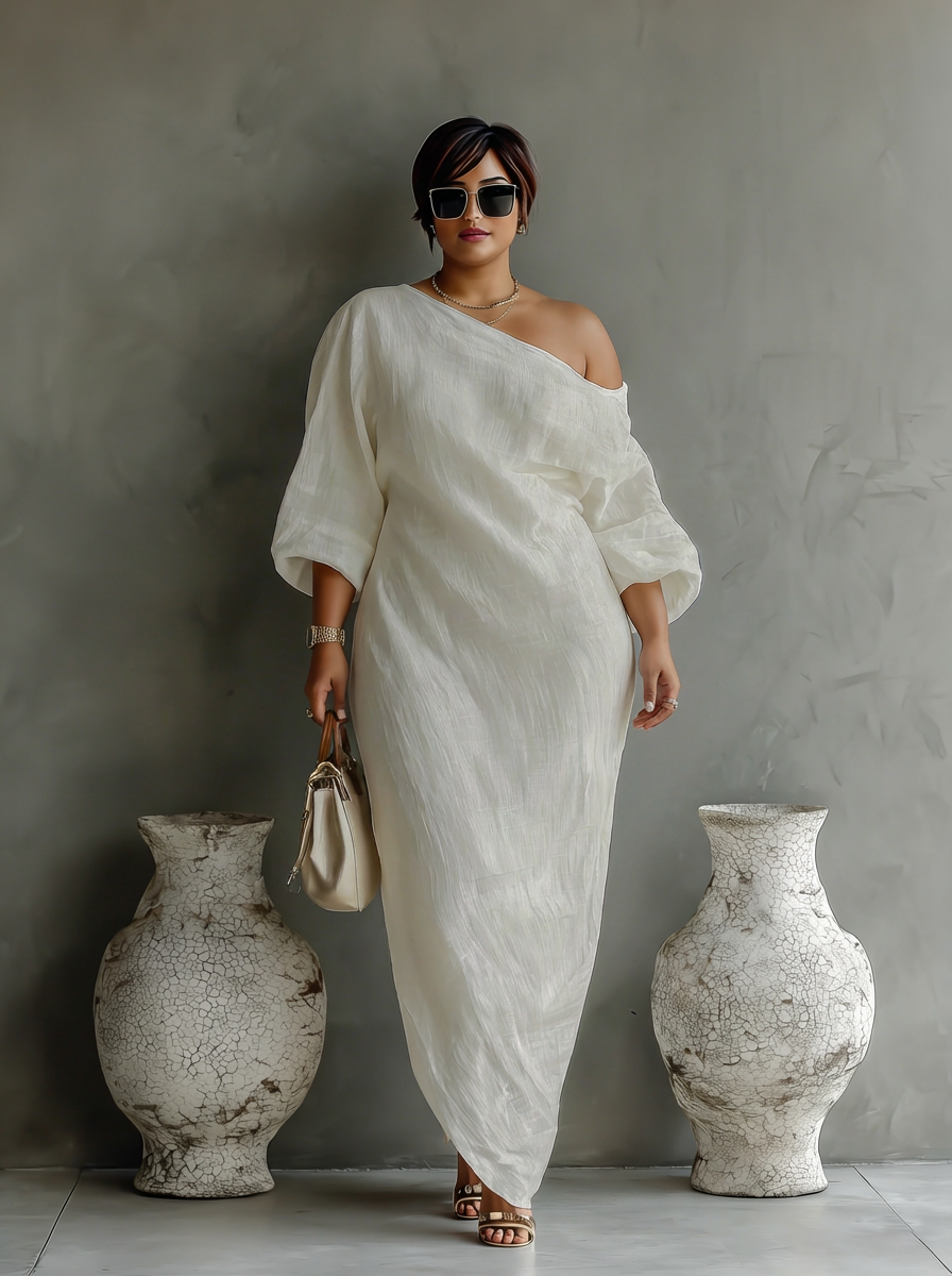 Elegante Vloeiende Jurk in Ivoorwit met Off-Shoulder