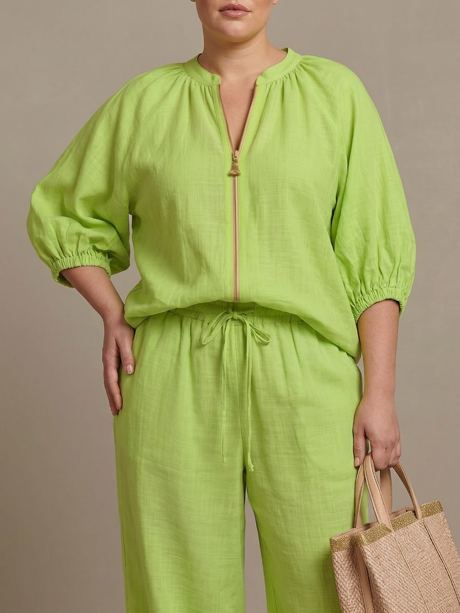 Cecily | Zip Front Blouson Top Wide Leg Set