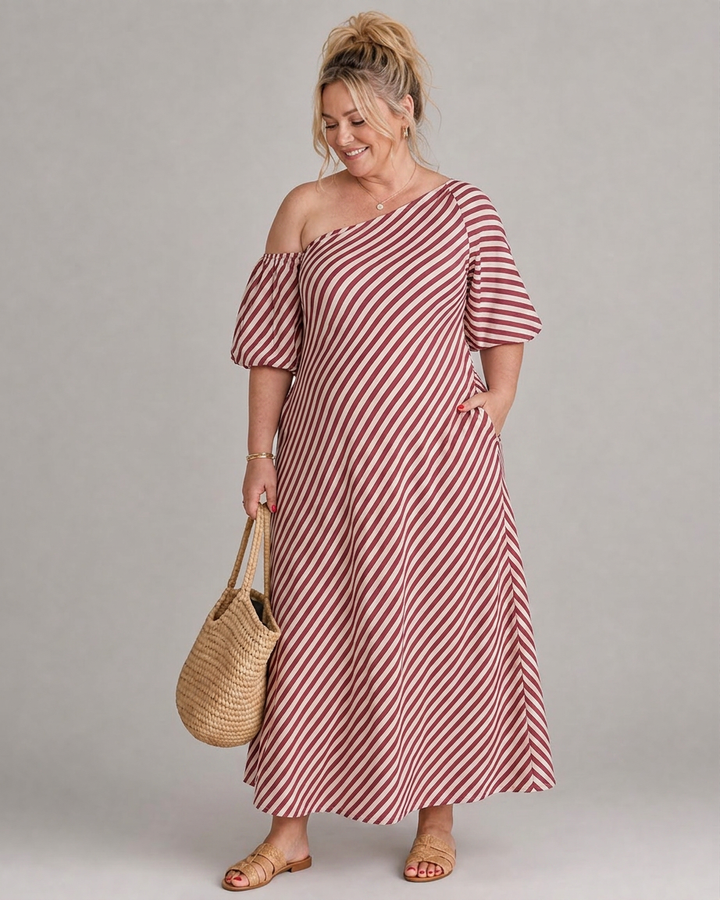 Seraphina | Gestreepte Off Shoulder Puff Sleeve Midi Jurk