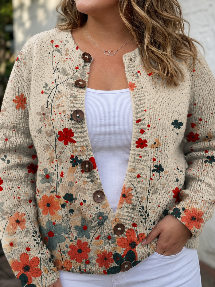 Dames Vintage Gebreide Vest met Bloemenprint en Knoopsluiting