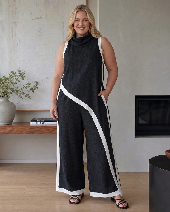Genevieve | Mouwloze Gelaagde Top met Contrastafwerking en Brede Pantalon Set