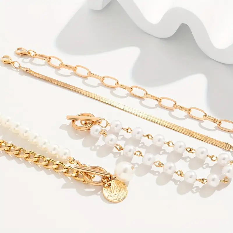 Fauna Gold 4-delige Armband Set - Slang, Parels &amp; Schakels | Goud