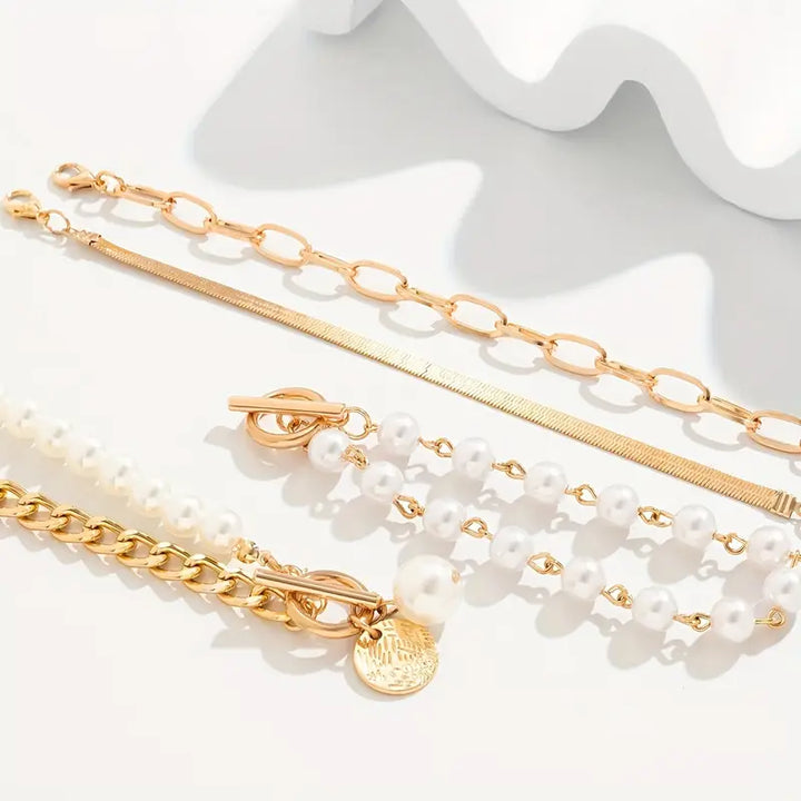 Fauna Gold 4-delige Armband Set - Slang, Parels &amp; Schakels | Goud