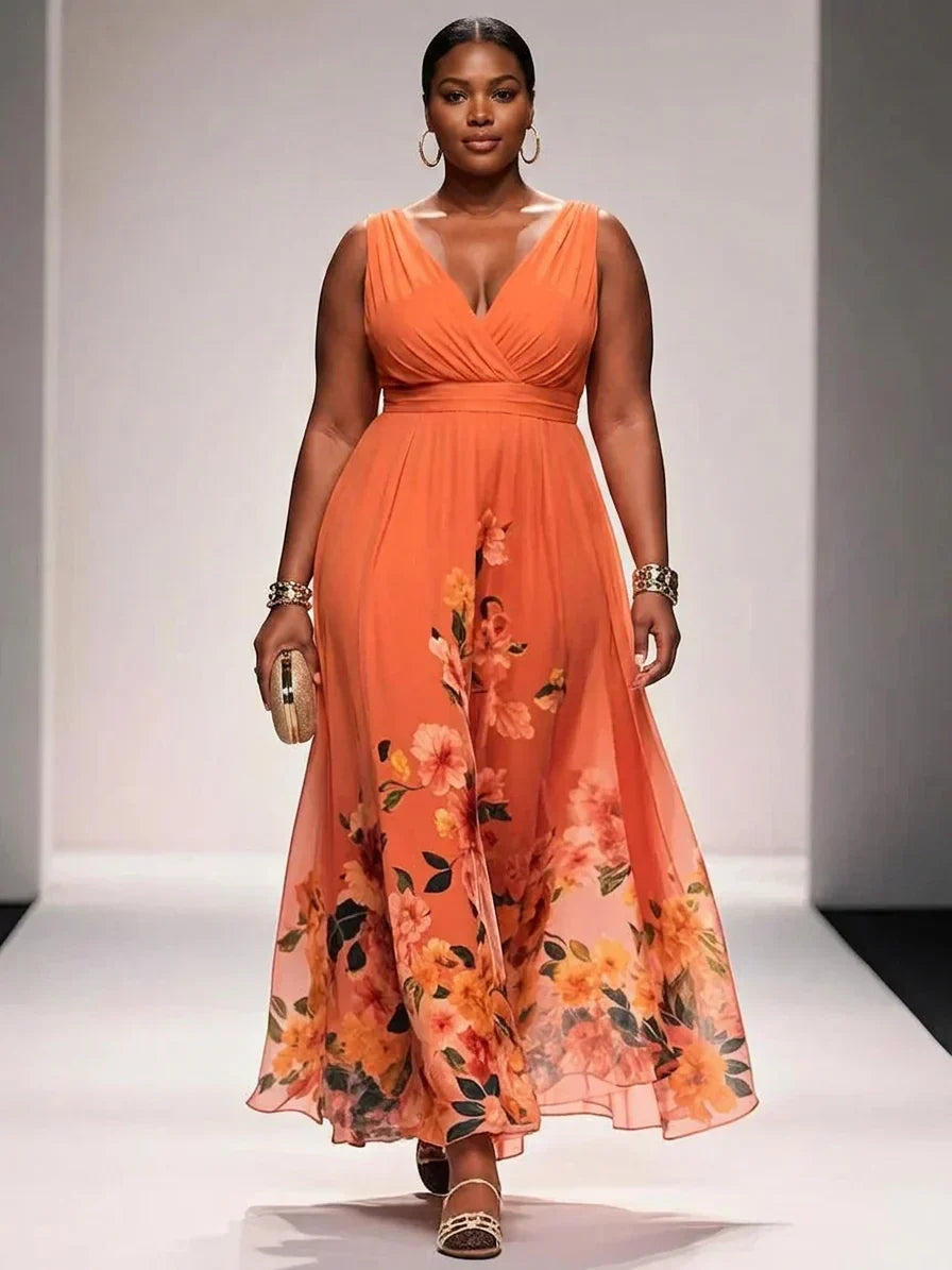 Salma | Lichtblauwe Bloemen Chiffon V-Hals Maxi Jurk