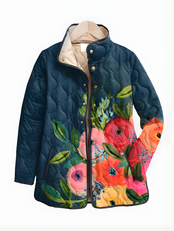 Dames Gevoerde Jas met Bloemprint en Knoopsluiting