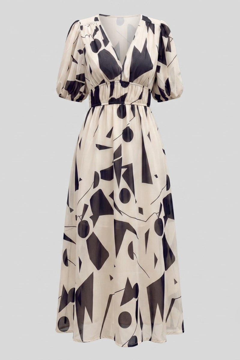 Amara | V-hals Korte Mouw Gathered Waist Midi Jurk