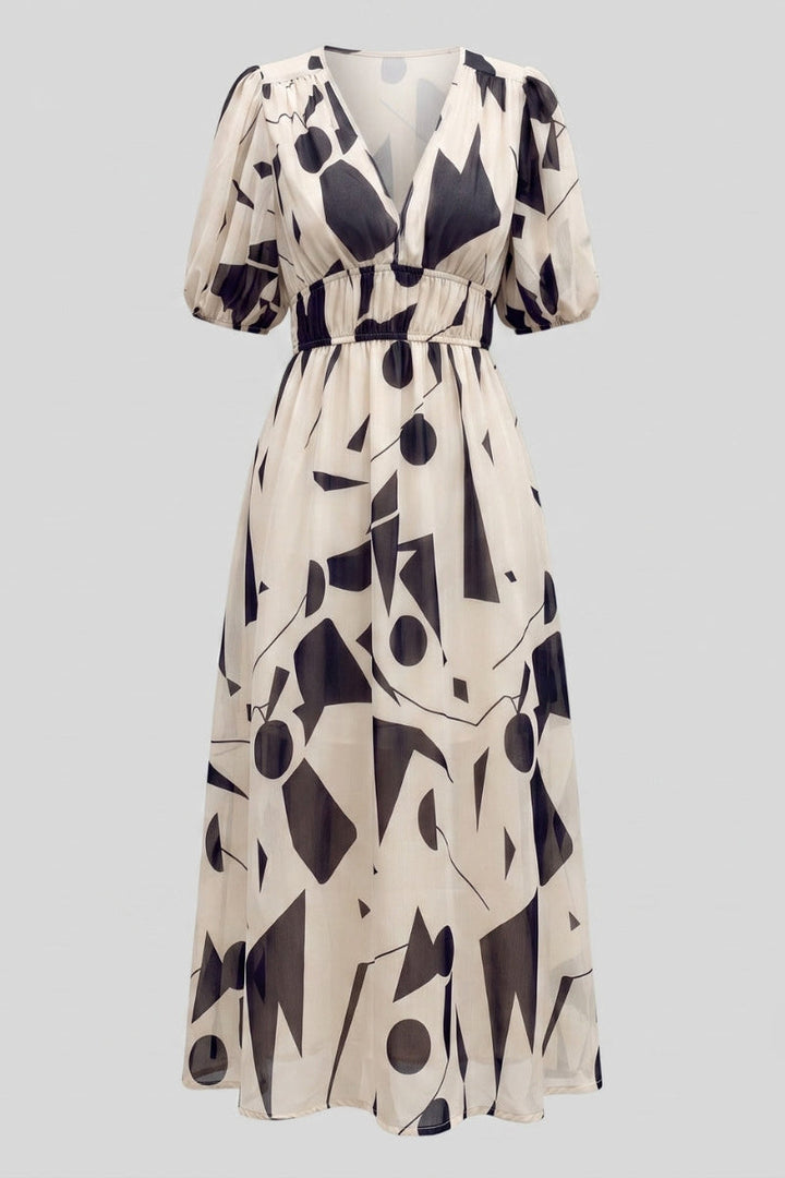 Amara | V-hals Korte Mouw Gathered Waist Midi Jurk