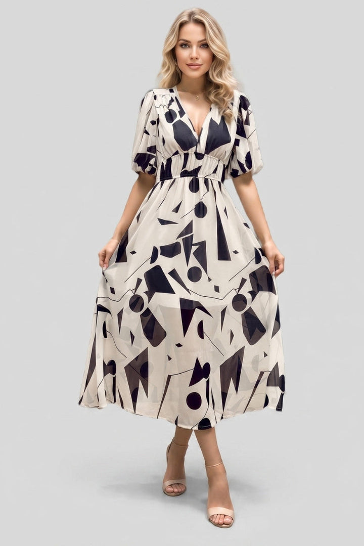 Amara | V-hals Korte Mouw Gathered Waist Midi Jurk