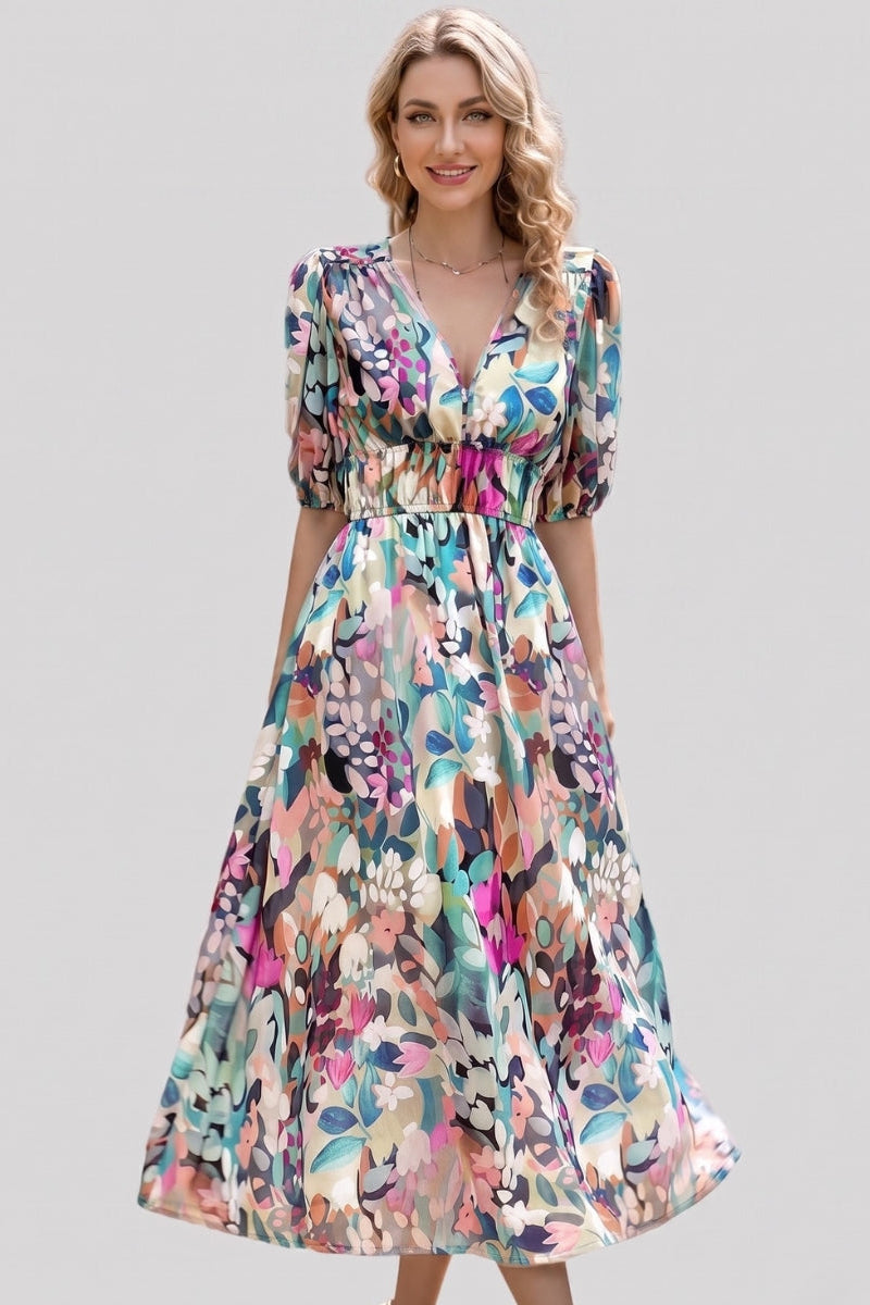 Amara | V-hals Korte Mouw Gathered Waist Midi Jurk