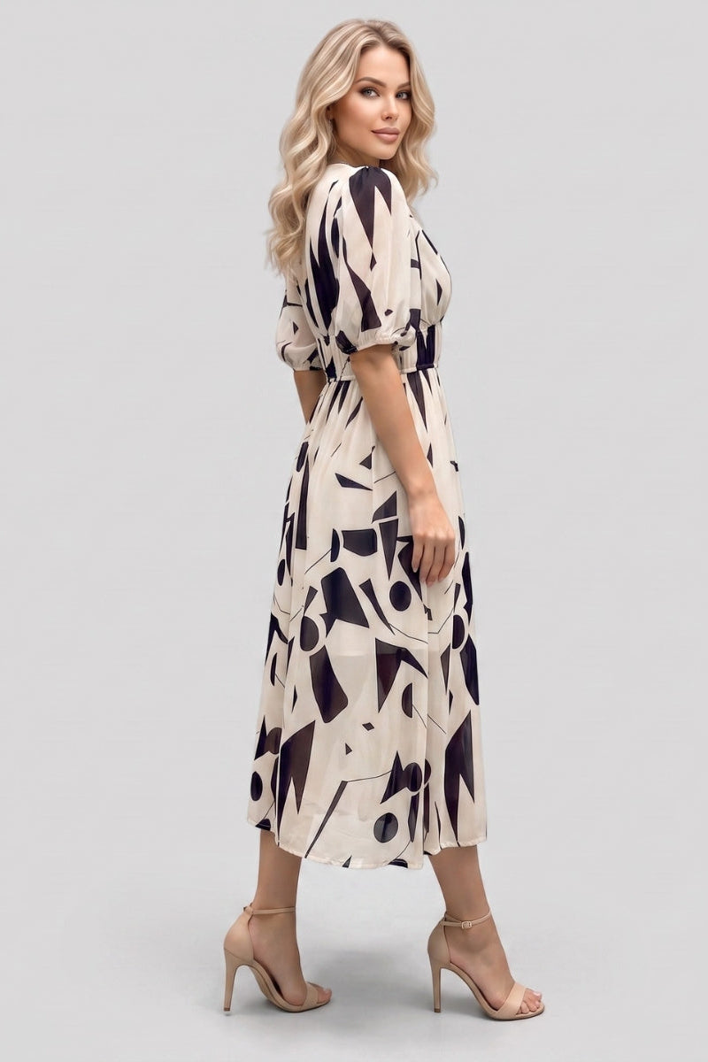 Amara | V-hals Korte Mouw Gathered Waist Midi Jurk