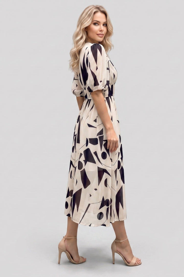 Amara | V-hals Korte Mouw Gathered Waist Midi Jurk