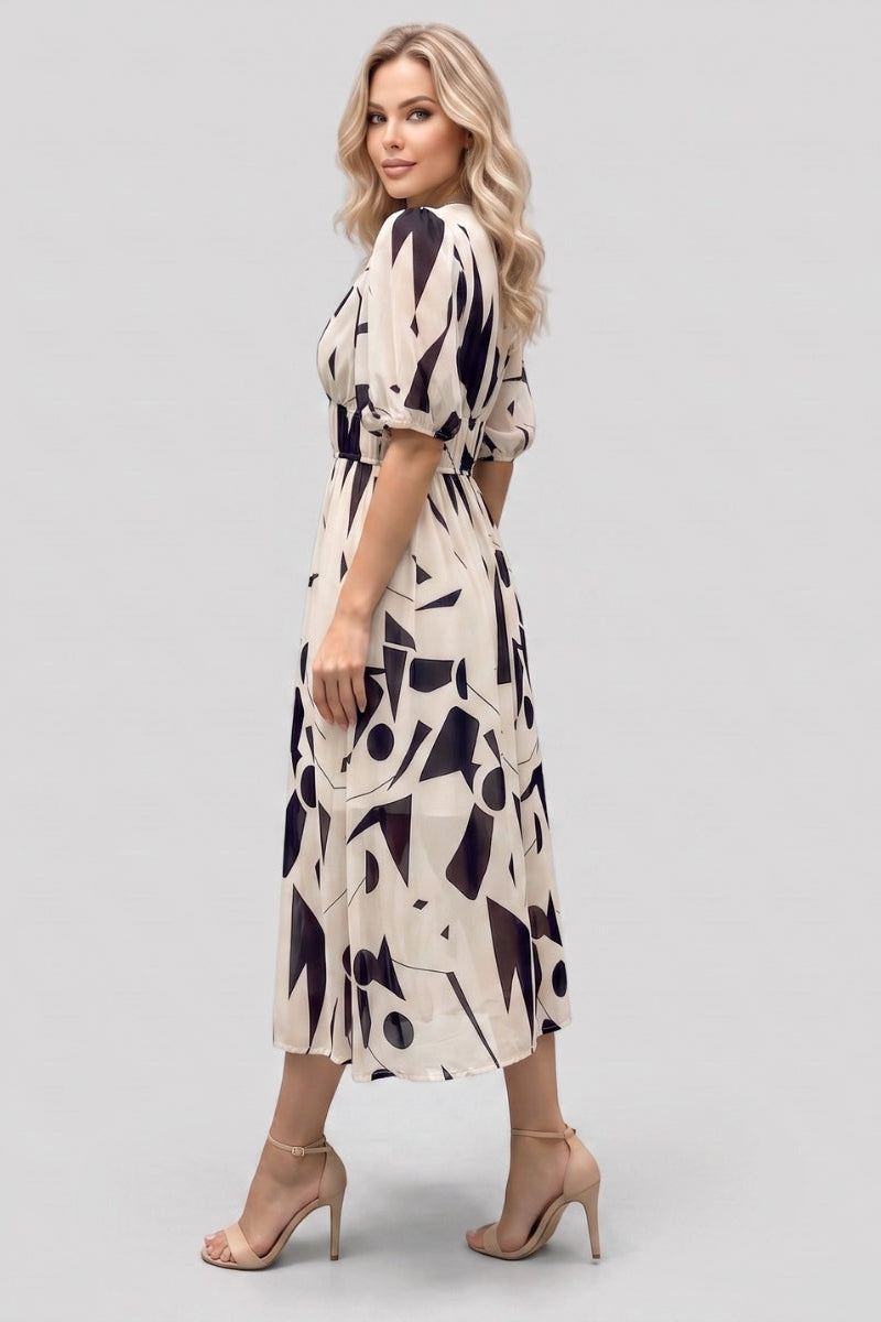 Amara | V-hals Korte Mouw Gathered Waist Midi Jurk