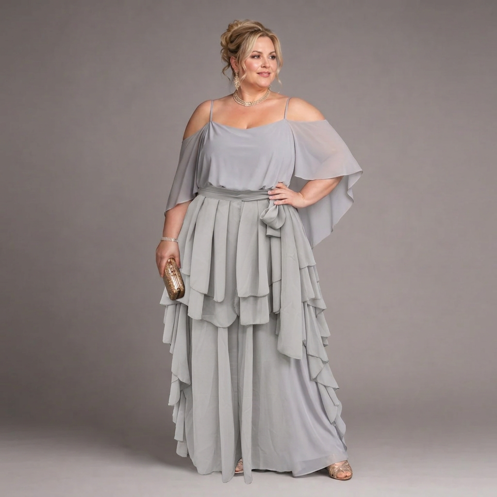 Amaya | Dames Koude-Schouder Cape-Mouw Top &amp; Gelaagde Rimpel Maxi Rok Set