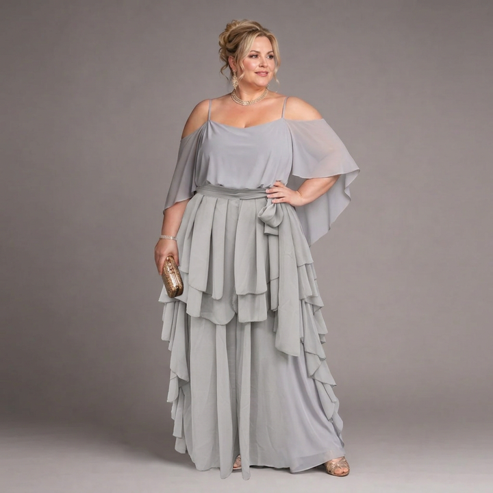 Amaya | Dames Koude-Schouder Cape-Mouw Top &amp; Gelaagde Rimpel Maxi Rok Set