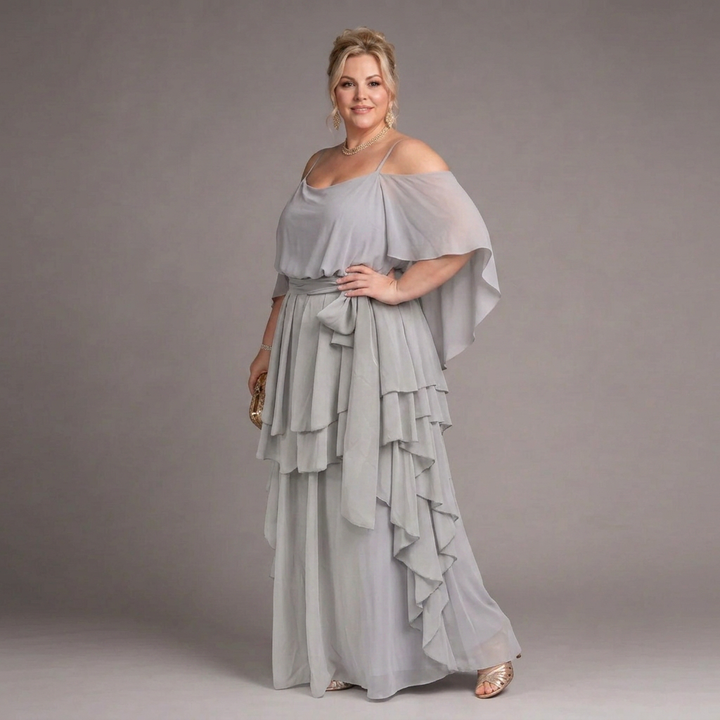 Amaya | Dames Koude-Schouder Cape-Mouw Top &amp; Gelaagde Rimpel Maxi Rok Set