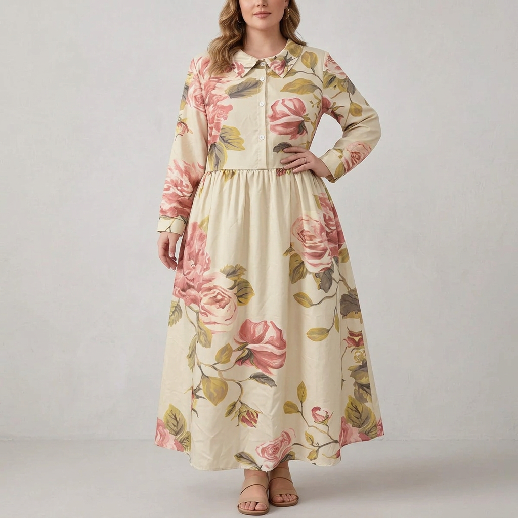 Anneliese | Bloemenprint Lange Mouwen Col Maxi Jurk