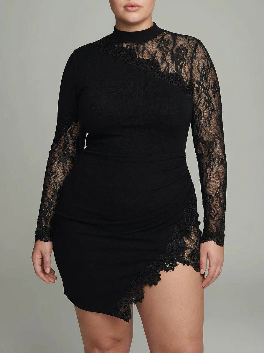 Elspeth | Zwarte Turtleneck Kant Asymmetrische Tulle Lange Mouw Mini Jurk