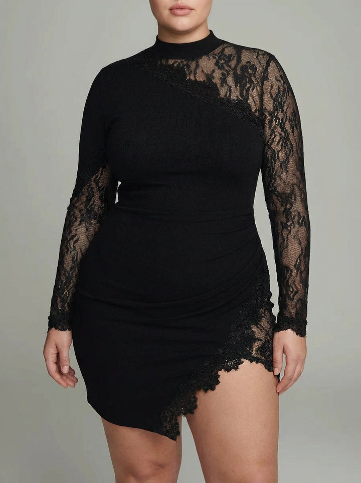 Elspeth | Zwarte Turtleneck Kant Asymmetrische Tulle Lange Mouw Mini Jurk