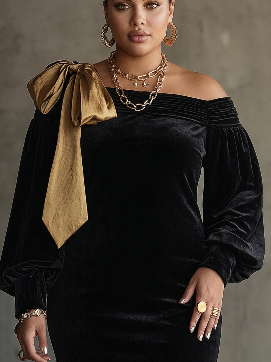 Zwarte Fluwelen en Gouden Satijnen Patchwork Off-Shoulder Mini Jurk