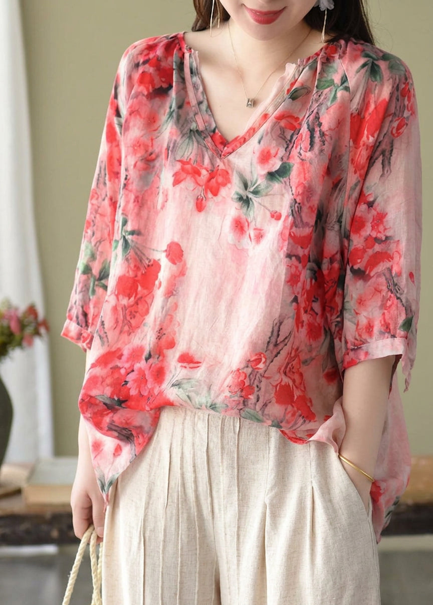 Estelle - Boutique Roze V-hals Print Losse Herfst Halve Mouwen Blouses