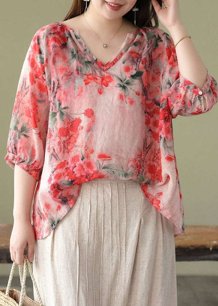 Estelle - Boutique Roze V-hals Print Losse Herfst Halve Mouwen Blouses