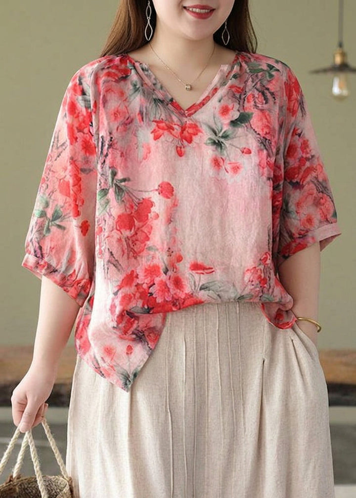 Estelle - Boutique Roze V-hals Print Losse Herfst Halve Mouwen Blouses