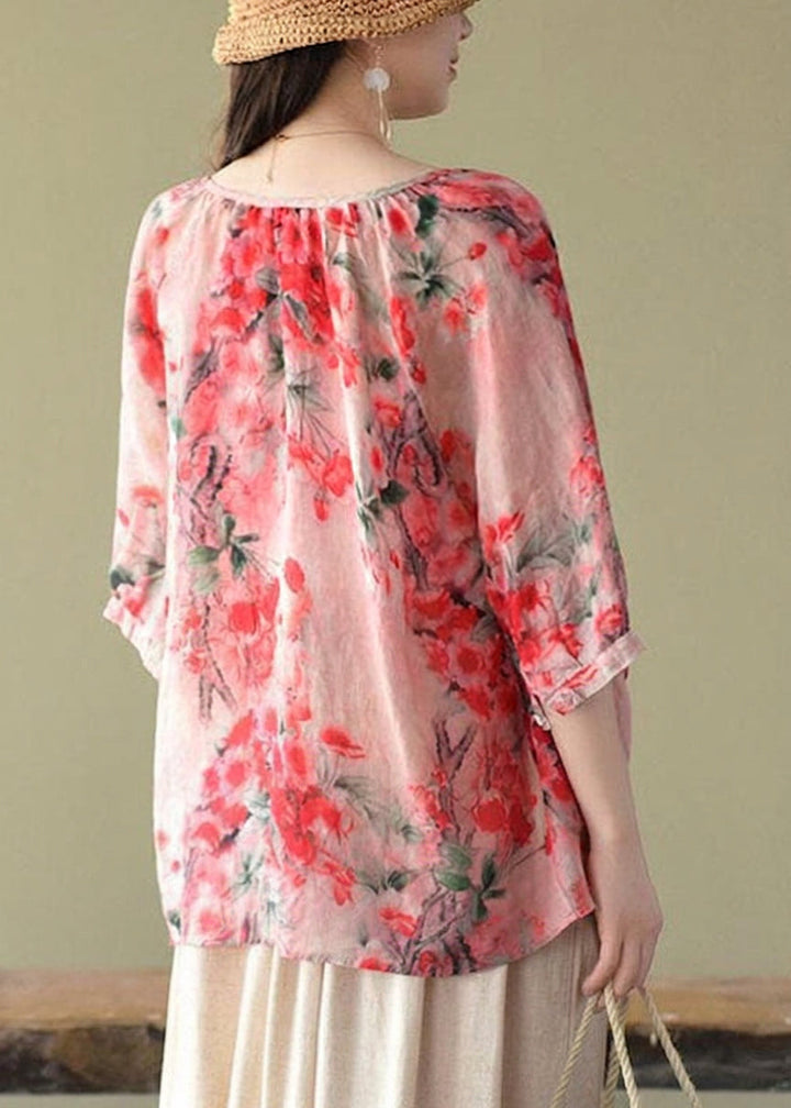 Estelle - Boutique Roze V-hals Print Losse Herfst Halve Mouwen Blouses