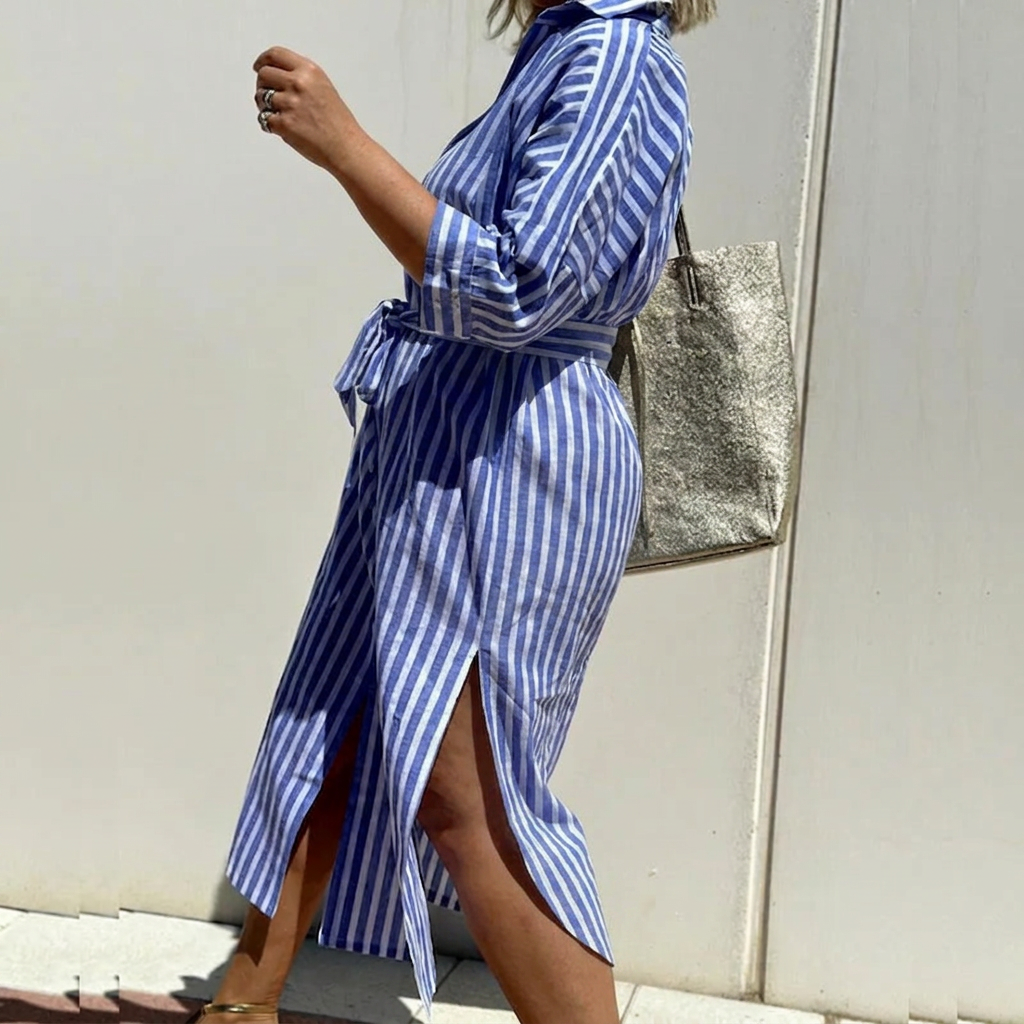 Harlow | Dames Linnen Knop-Down Streep Shirt Jurk