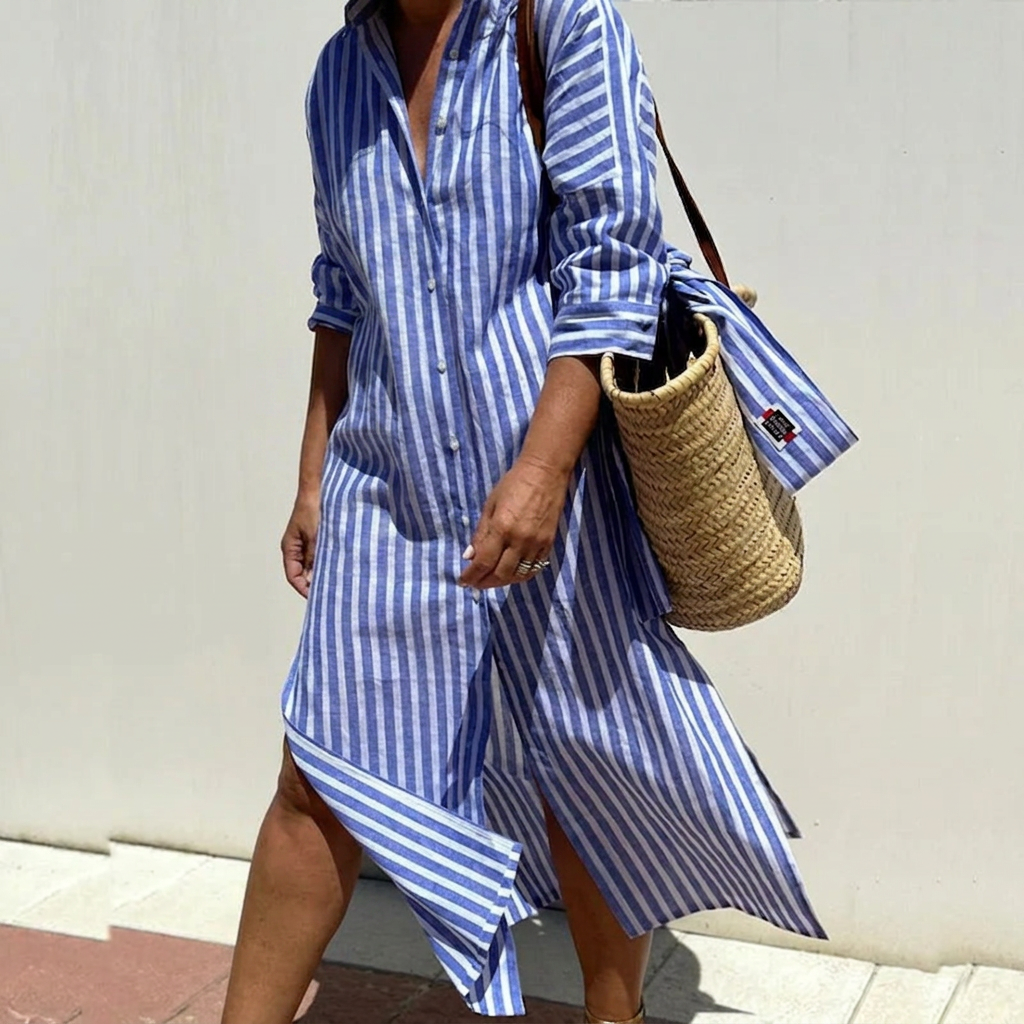 Harlow | Dames Linnen Knop-Down Streep Shirt Jurk