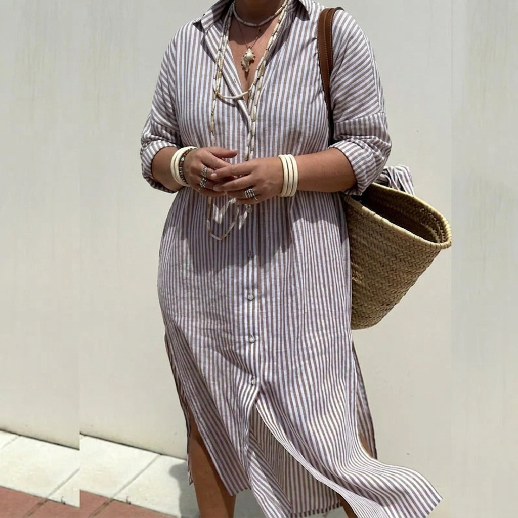 Harlow | Dames Linnen Knop-Down Streep Shirt Jurk
