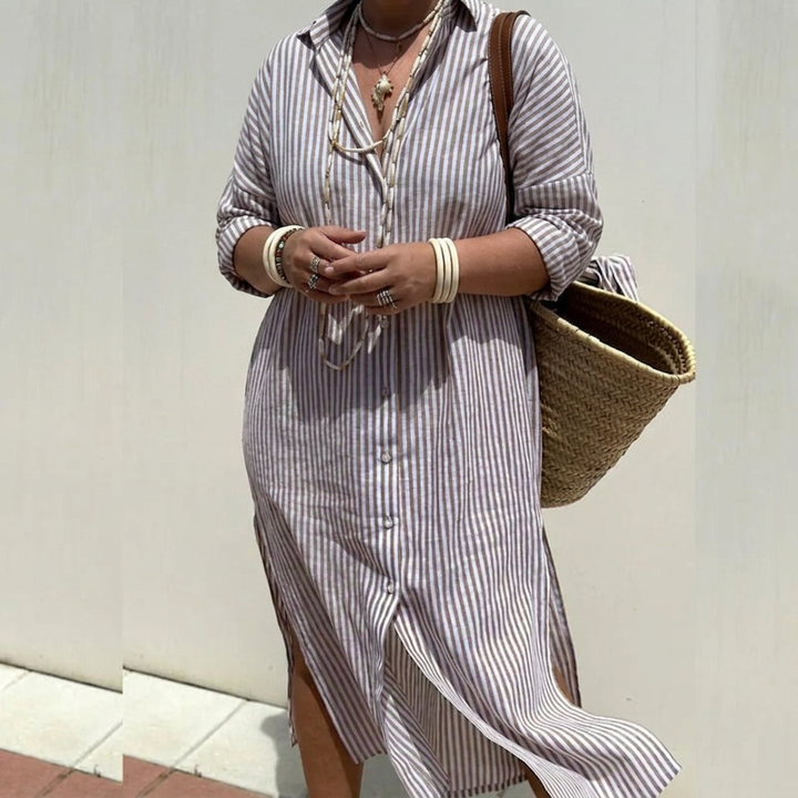 Harlow | Dames Linnen Knop-Down Streep Shirt Jurk