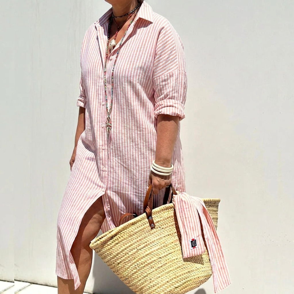 Harlow | Dames Linnen Knop-Down Streep Shirt Jurk