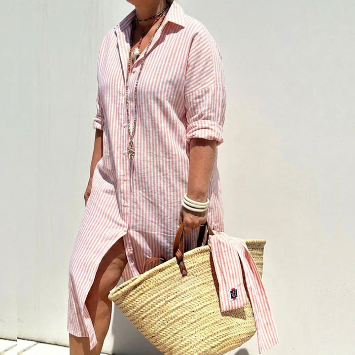 Harlow | Dames Linnen Knop-Down Streep Shirt Jurk