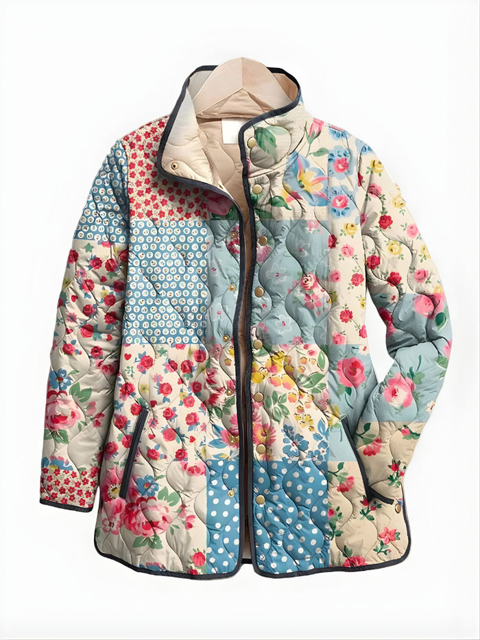 Dames Quilted Jas met Patchwork Bloemenprint en Rits