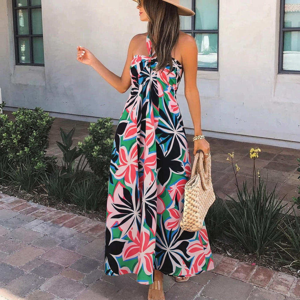 Calla - Tropische Bloemen Halter-Neck Wijde Pijpen Jumpsuit