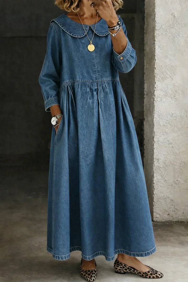 Zora | Ronde Hals Lange Mouwen Denim Jurk