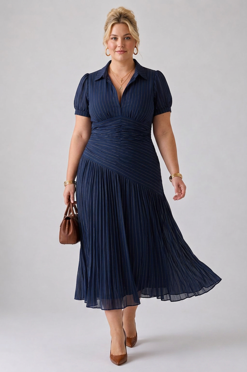Vita | Plissé Taille Streep Midi Jurk