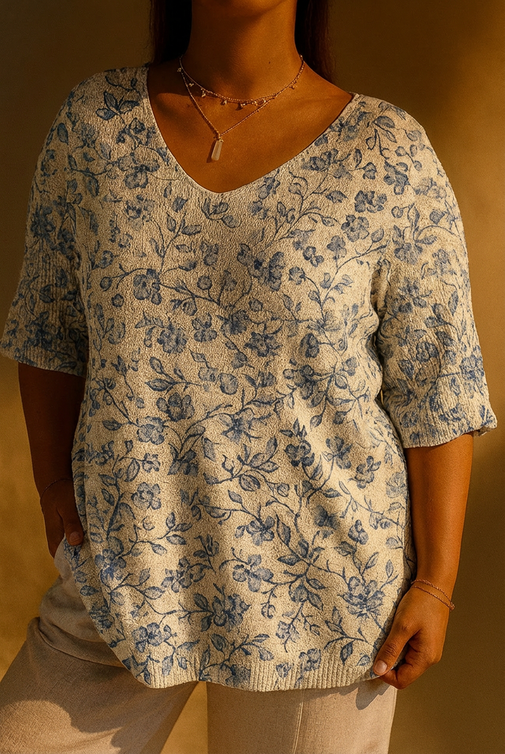 Dames Kleine Blauwe Bloemenprint Casual Pullover Trui