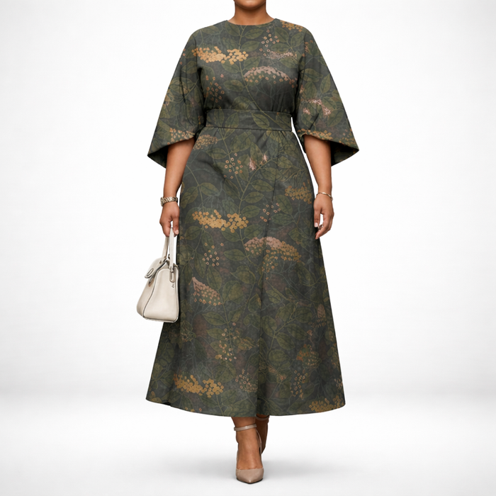 RHIAN | Botanische Midi met Gesculptueerde Taille en Natuurlijke Elegant