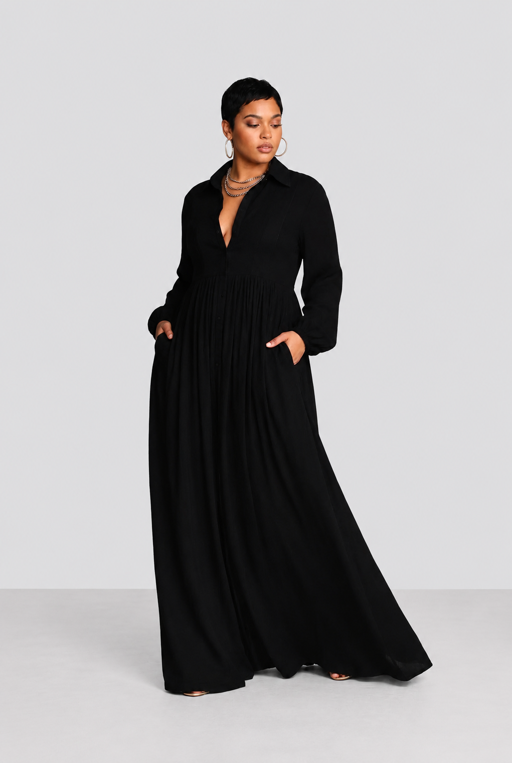 Hedda | Zwarte Vloeiende Maxi Jurk met Knopen