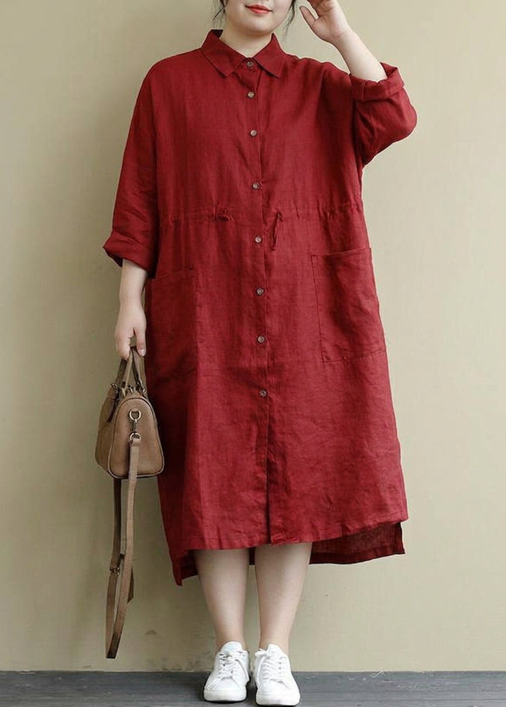 Isolde - Rood Linnen Shirt Jurk Casual Oversized Lente Maxi Jurken