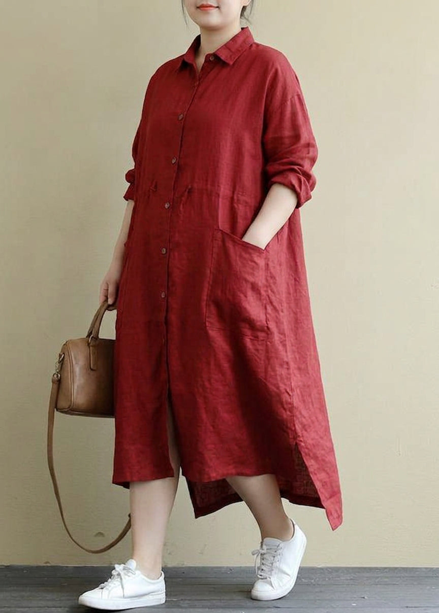 Isolde - Rood Linnen Shirt Jurk Casual Oversized Lente Maxi Jurken