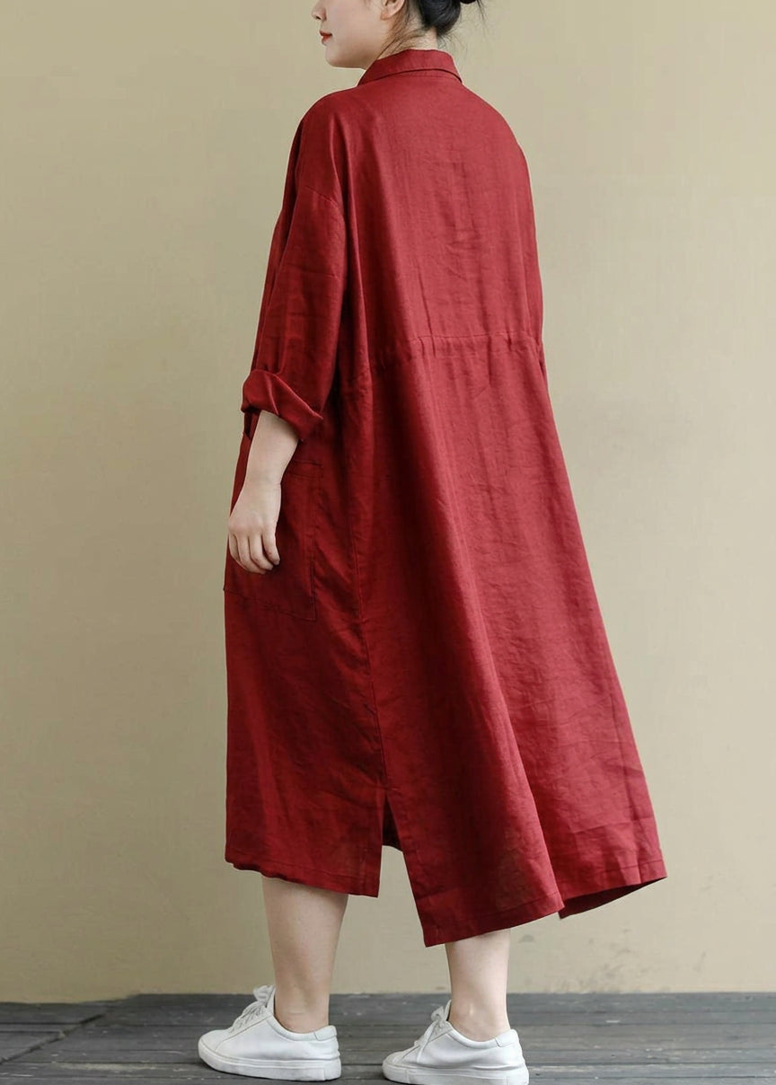 Isolde - Rood Linnen Shirt Jurk Casual Oversized Lente Maxi Jurken