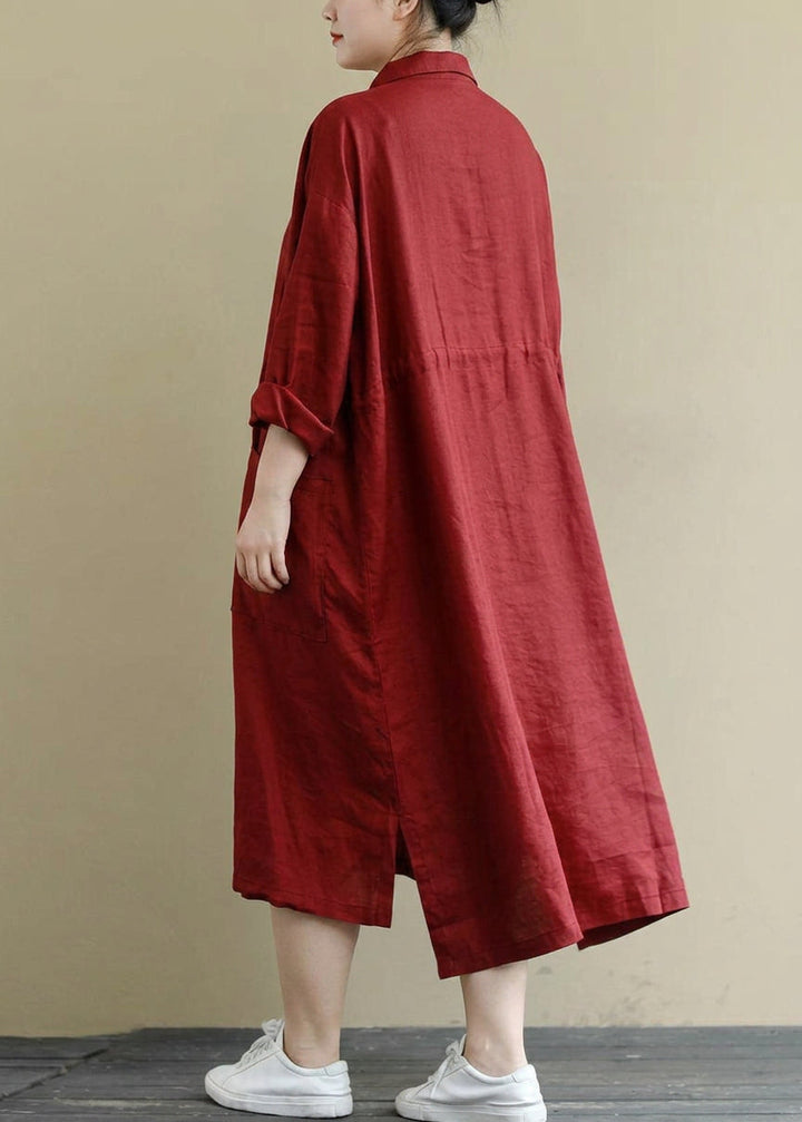 Isolde - Rood Linnen Shirt Jurk Casual Oversized Lente Maxi Jurken