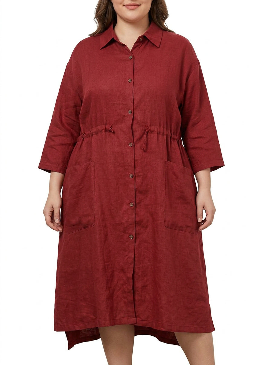 Isolde - Rood Linnen Shirt Jurk Casual Oversized Lente Maxi Jurken