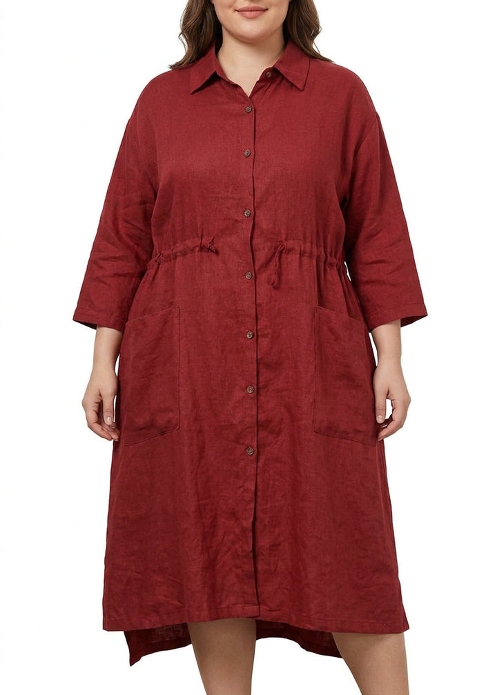 Isolde - Rood Linnen Shirt Jurk Casual Oversized Lente Maxi Jurken