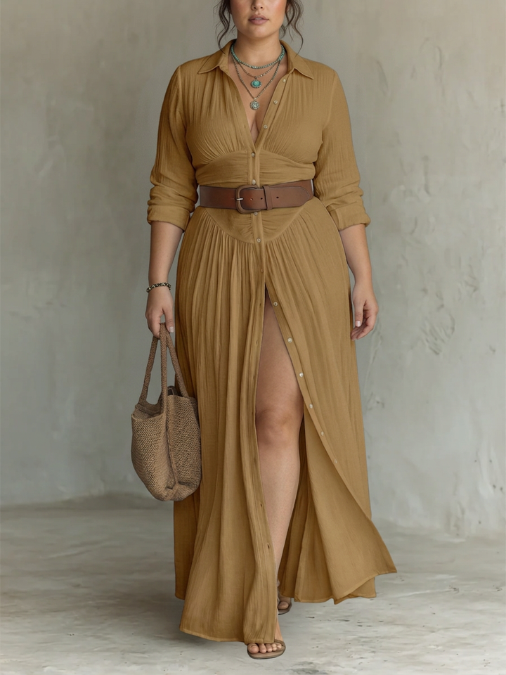Lange Maxi Jurk met Ingesneden Kraag en Lange Mouwen voor Vrouwen