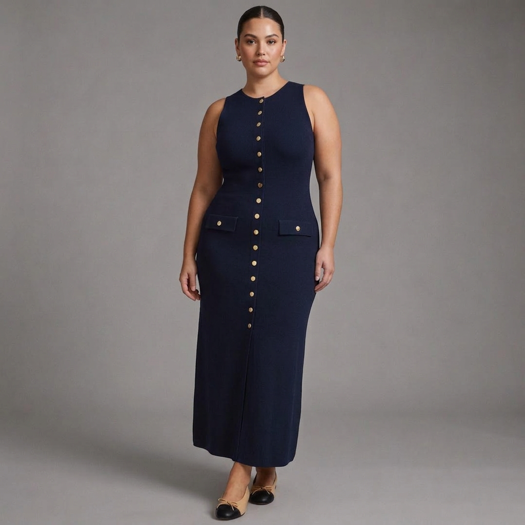 Quinn – Elegante Mouwloze Knopen Bodycon Brei Maxi Jurk