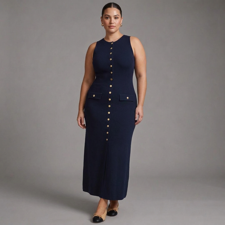 Quinn – Elegante Mouwloze Knopen Bodycon Brei Maxi Jurk